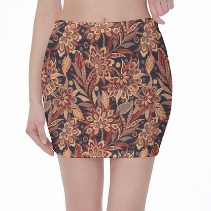 Brown Floral Bohemian Pattern Print Pencil Mini Skirt