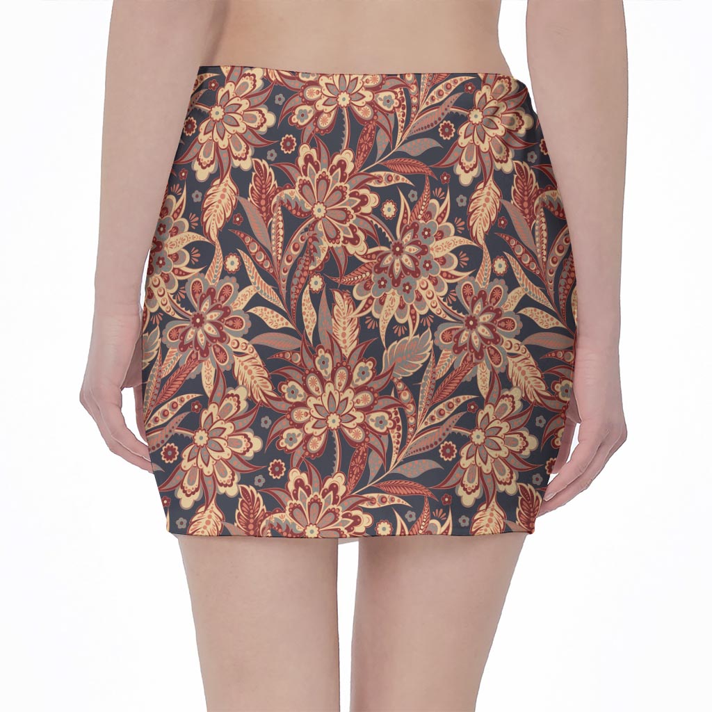 Brown Floral Bohemian Pattern Print Pencil Mini Skirt