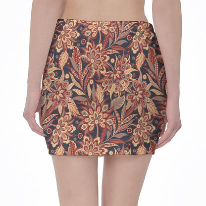 Brown Floral Bohemian Pattern Print Pencil Mini Skirt