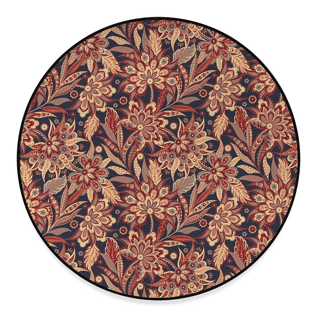 Brown Floral Bohemian Pattern Print Round Floor Mat