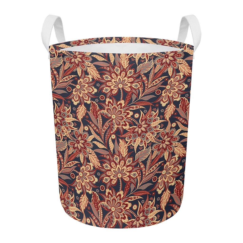Brown Floral Bohemian Pattern Print Round Laundry Basket