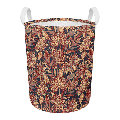 Brown Floral Bohemian Pattern Print Round Laundry Basket