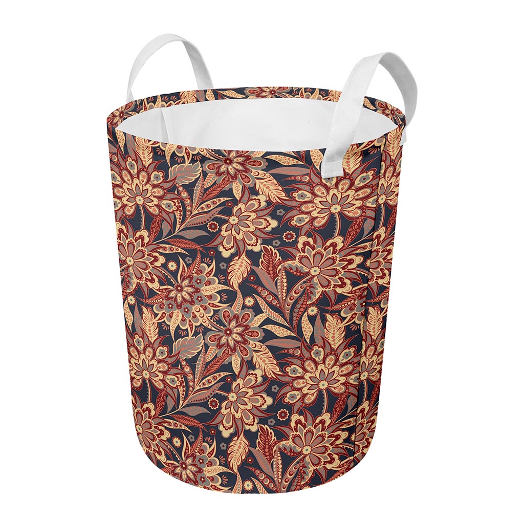 Brown Floral Bohemian Pattern Print Round Laundry Basket