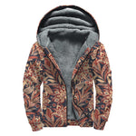 Brown Floral Bohemian Pattern Print Sherpa Lined Zip Up Hoodie