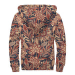Brown Floral Bohemian Pattern Print Sherpa Lined Zip Up Hoodie