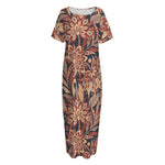 Brown Floral Bohemian Pattern Print Short Sleeve Long Nightdress