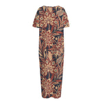 Brown Floral Bohemian Pattern Print Short Sleeve Long Nightdress
