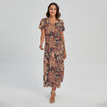 Brown Floral Bohemian Pattern Print Short Sleeve Maxi Dress