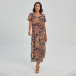 Brown Floral Bohemian Pattern Print Short Sleeve Maxi Dress