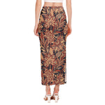 Brown Floral Bohemian Pattern Print Side Slit Maxi Skirt