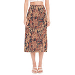 Brown Floral Bohemian Pattern Print Side Slit Midi Skirt