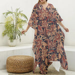 Brown Floral Bohemian Pattern Print Silk V-Neck Kaftan Dress