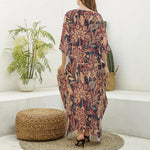 Brown Floral Bohemian Pattern Print Silk V-Neck Kaftan Dress