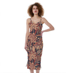 Brown Floral Bohemian Pattern Print Slim Fit Midi Cami Dress