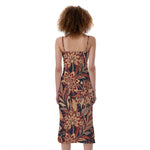 Brown Floral Bohemian Pattern Print Slim Fit Midi Cami Dress
