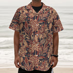 Brown Floral Bohemian Pattern Print Textured Short Sleeve Shirt
