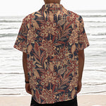 Brown Floral Bohemian Pattern Print Textured Short Sleeve Shirt