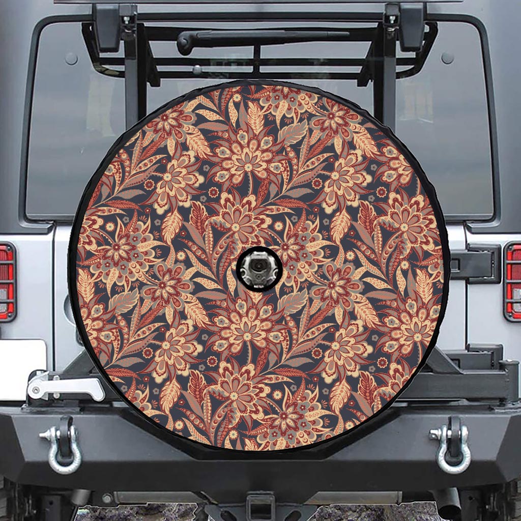 Brown Floral Bohemian Pattern Print Tire Cover With Camera Hole