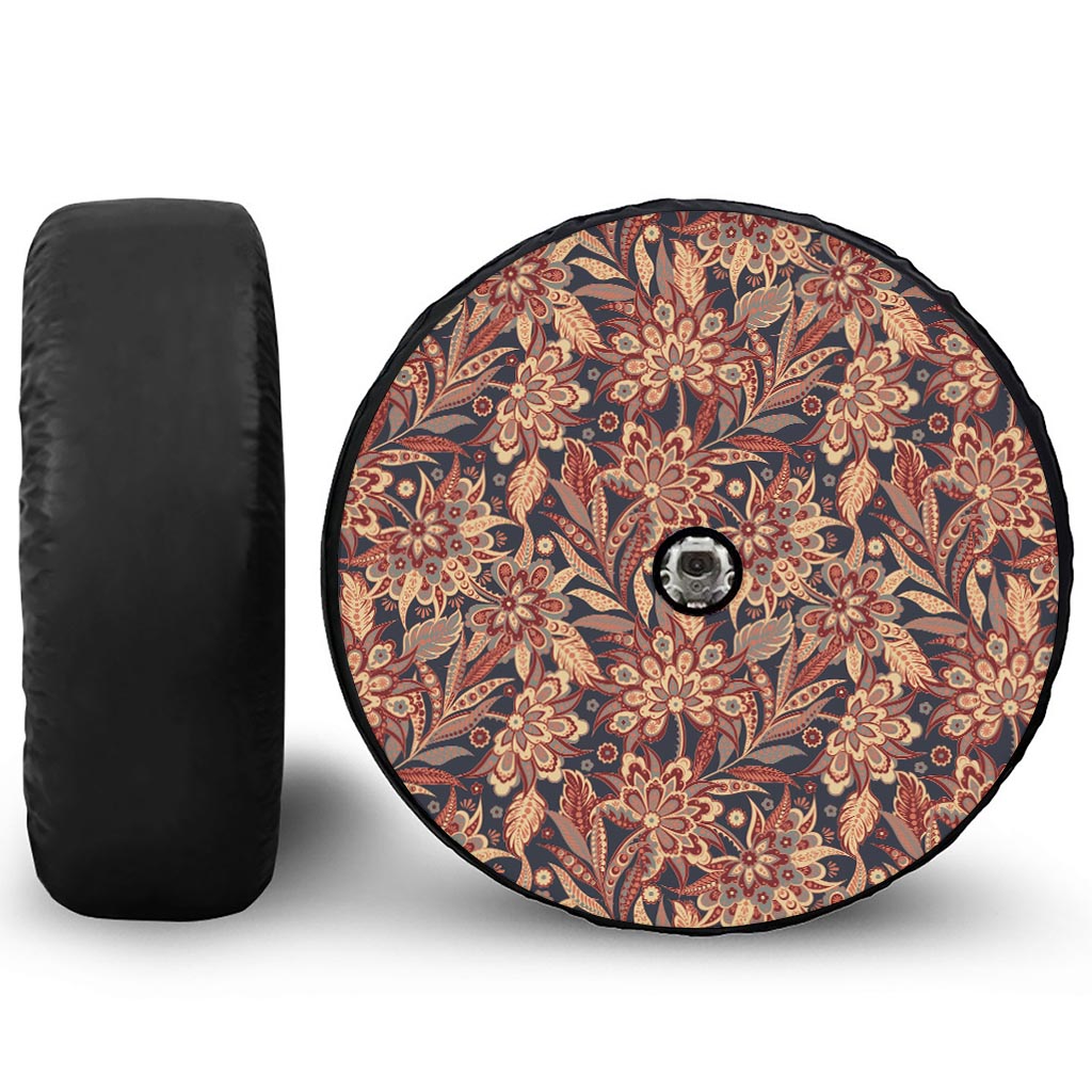 Brown Floral Bohemian Pattern Print Tire Cover With Camera Hole