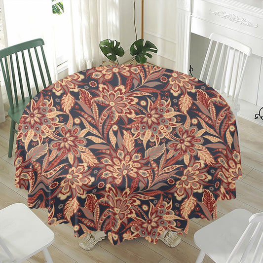 Brown Floral Bohemian Pattern Print Waterproof Round Tablecloth