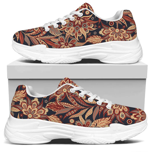 Brown Floral Bohemian Pattern Print White Chunky Shoes