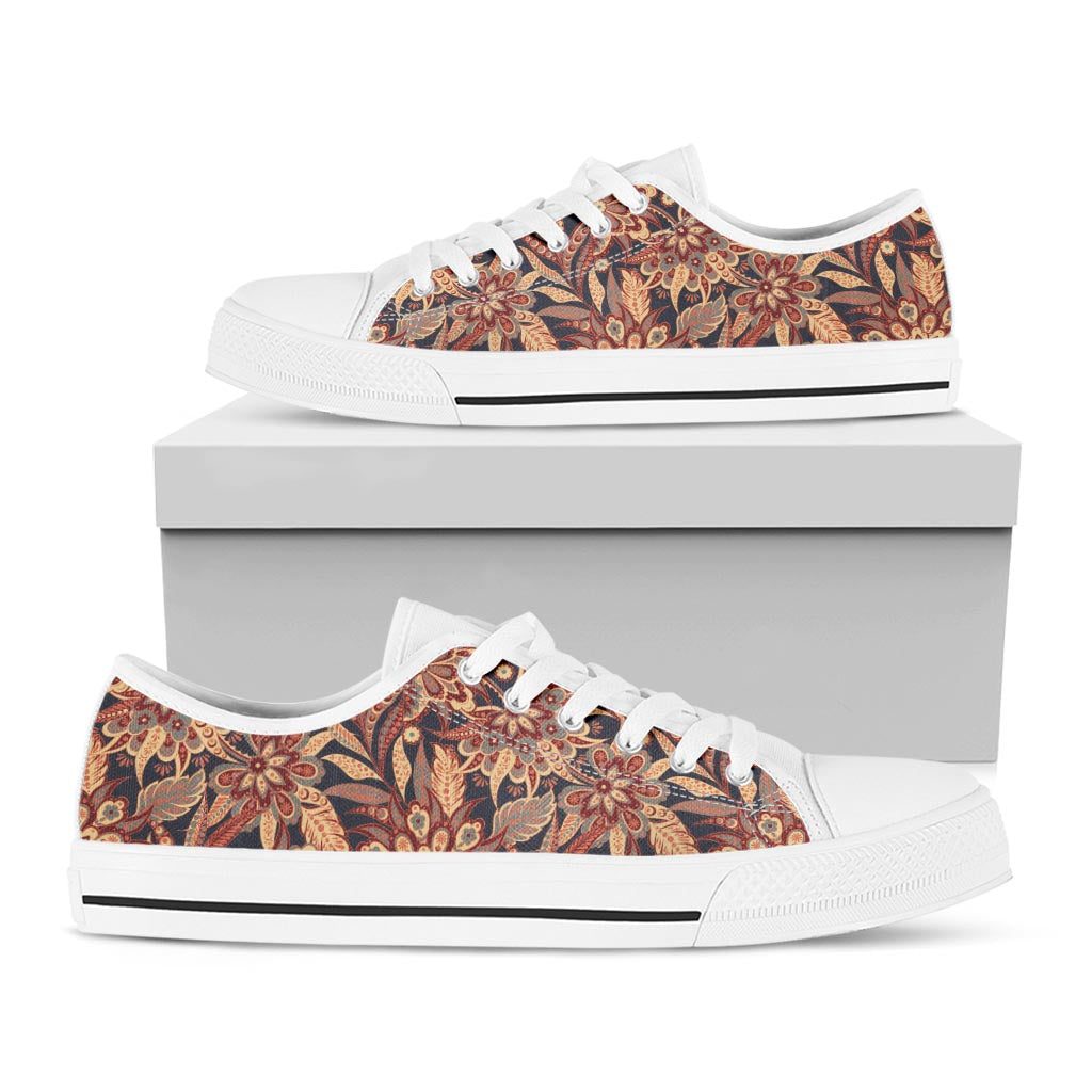 Brown Floral Bohemian Pattern Print White Low Top Sneakers