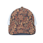 Brown Floral Bohemian Pattern Print White Mesh Trucker Cap