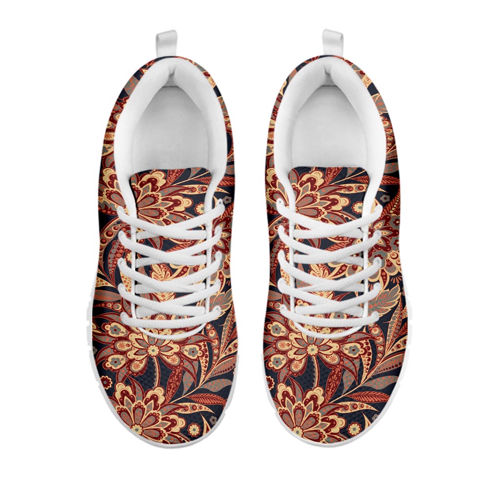 Brown Floral Bohemian Pattern Print White Running Shoes