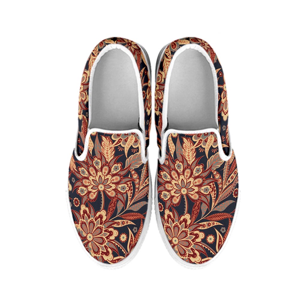 Brown Floral Bohemian Pattern Print White Slip On Sneakers