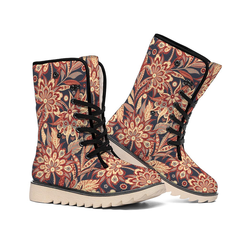 Brown Floral Bohemian Pattern Print Winter Boots