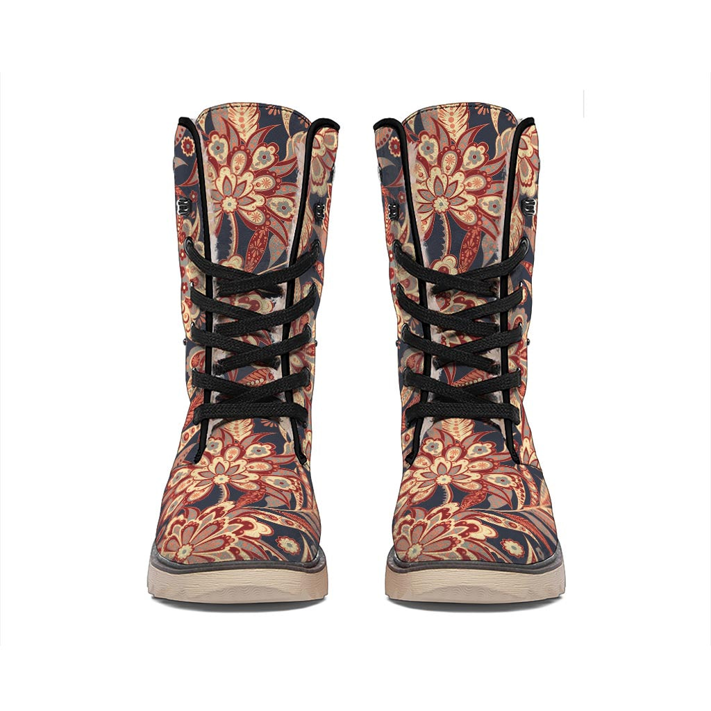 Brown Floral Bohemian Pattern Print Winter Boots