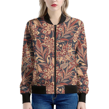 Brown Floral Bohemian Pattern Print Women's Bomber Jacket