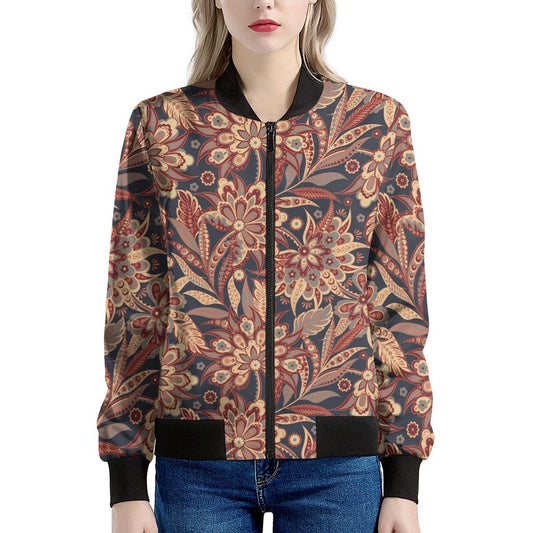 Brown Floral Bohemian Pattern Print Women's Bomber Jacket