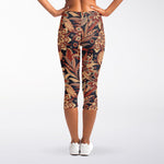 Brown Floral Bohemian Pattern Print Women's Capri Leggings