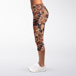 Brown Floral Bohemian Pattern Print Women's Capri Leggings