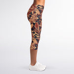 Brown Floral Bohemian Pattern Print Women's Capri Leggings
