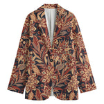 Brown Floral Bohemian Pattern Print Women's Cotton Blazer