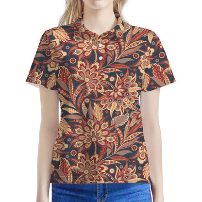 Brown Floral Bohemian Pattern Print Women's Polo Shirt