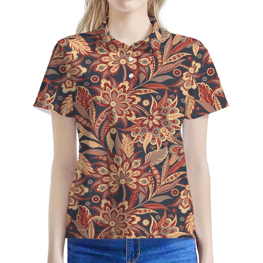 Brown Floral Bohemian Pattern Print Women's Polo Shirt