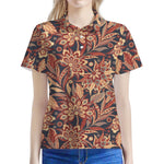 Brown Floral Bohemian Pattern Print Women's Polo Shirt