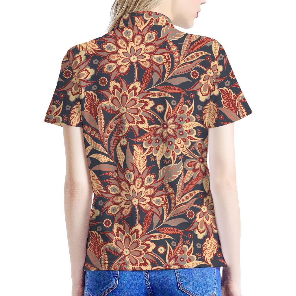 Brown Floral Bohemian Pattern Print Women's Polo Shirt