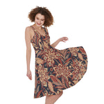 Brown Floral Bohemian Pattern Print Women's Sleeveless Dress