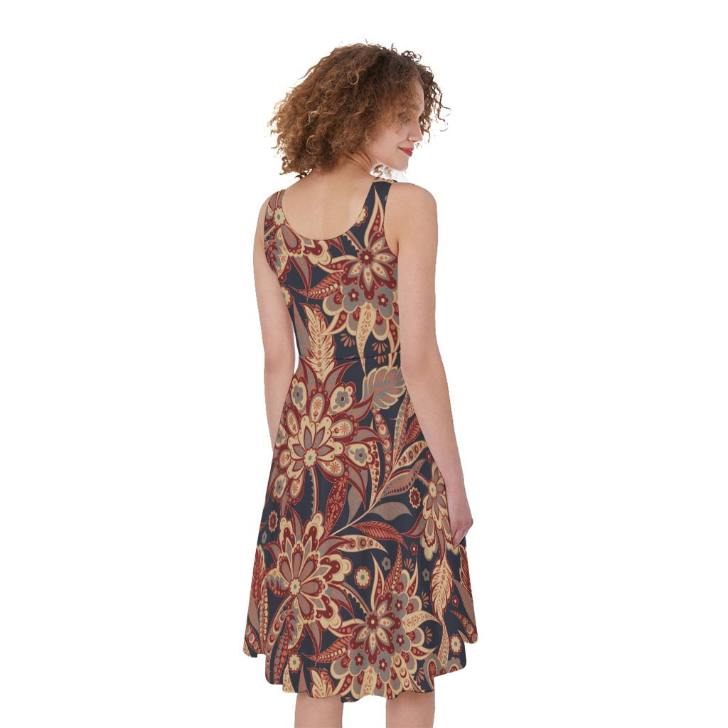 Brown Floral Bohemian Pattern Print Women's Sleeveless Dress