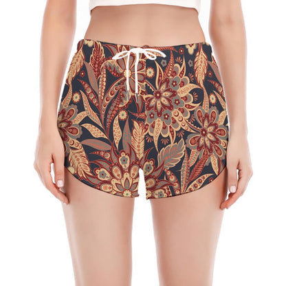 Brown Floral Bohemian Pattern Print Women's Split Running Shorts