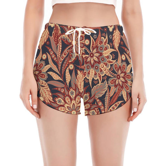 Brown Floral Bohemian Pattern Print Women's Split Running Shorts