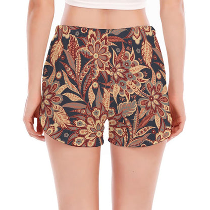 Brown Floral Bohemian Pattern Print Women's Split Running Shorts
