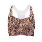 Brown Floral Bohemian Pattern Print Women's Sports Bra