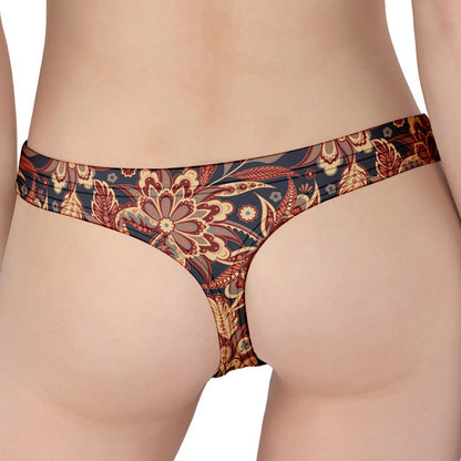 Brown Floral Bohemian Pattern Print Women's Thong