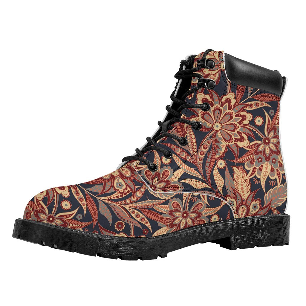 Brown Floral Bohemian Pattern Print Work Boots