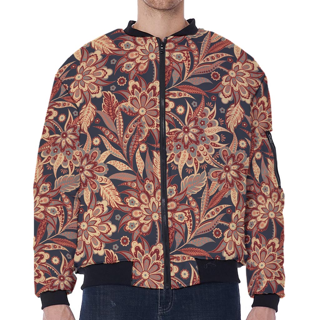 Brown Floral Bohemian Pattern Print Zip Sleeve Bomber Jacket
